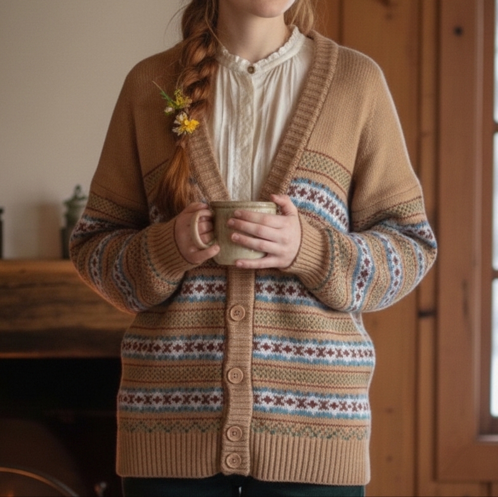 POP England M Fair Isle Cottagecore Cabincore Grandmacore Wool Blend Cardigan
